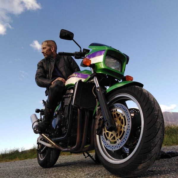 Pete Langford from Apex Construction sitting on his 1980s kawasaki z1000r