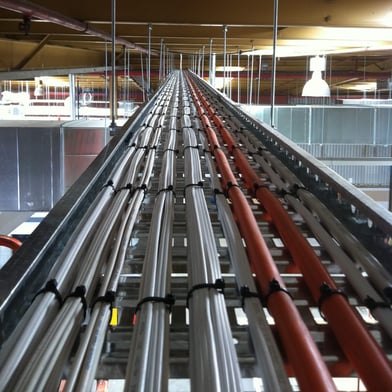 A photo of electrical cables running along an commercial building ceiling