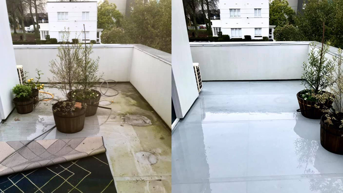 before and after shot of concrete patio after cleaning 
