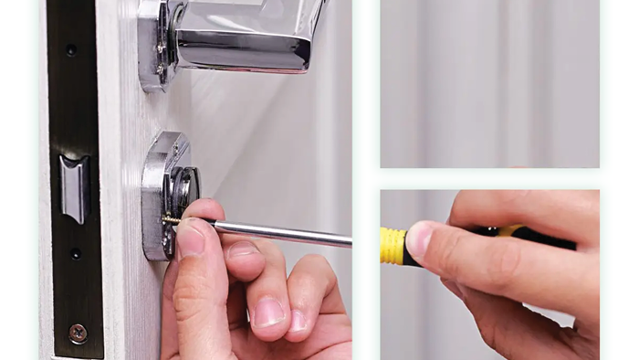 collage image of hand fixing locking system with screw driver