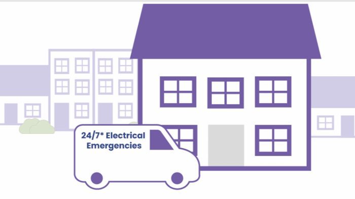purple graphics of house and work vehicle with 247 Electrical Emergencies written on it