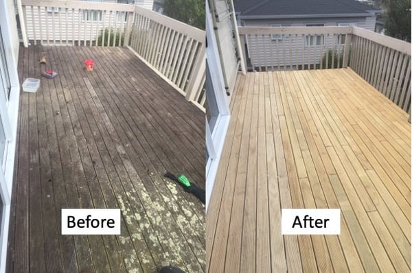 A before and after photo showing a dirty, mossy deck on the left and clean, new deck on the right, built by Handy Andy