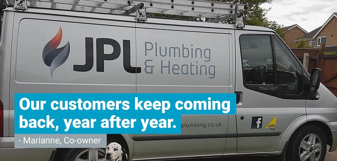 A JPL Plumbing and Heating work van overlayed with a quote from co-owner Marianne saying "Our customers keep coming back, year after year."