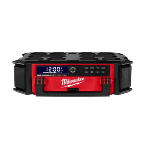 Black and red Milwaukee Bluetooth battery charging radio 