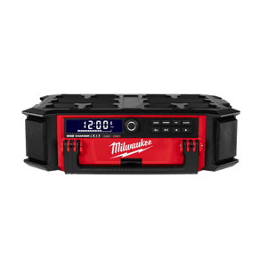 Black and red Milwaukee Bluetooth battery charging radio