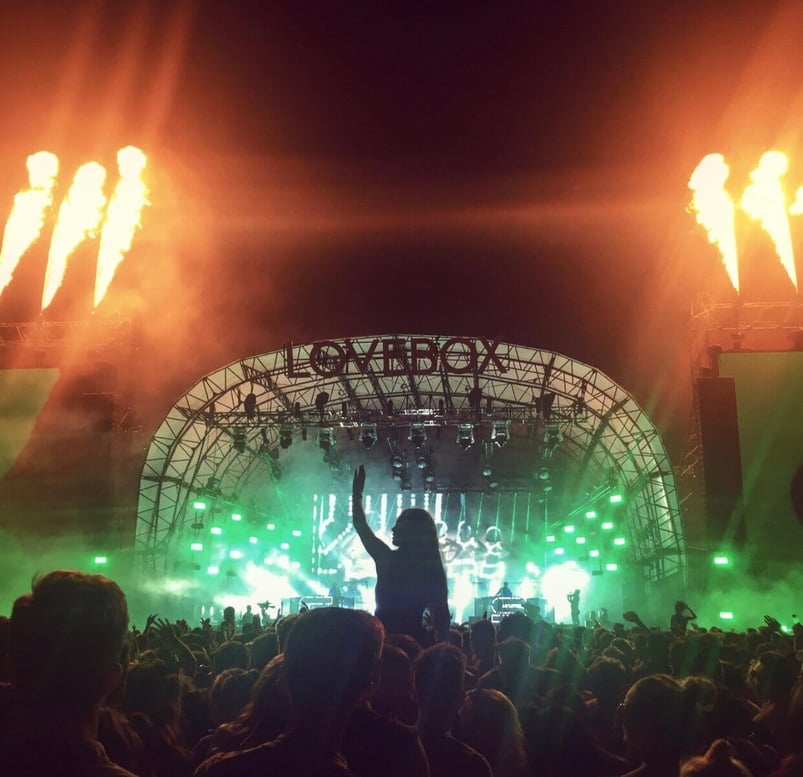 A band plays to a packed stadium at night time at the Lovebox festival in the UK