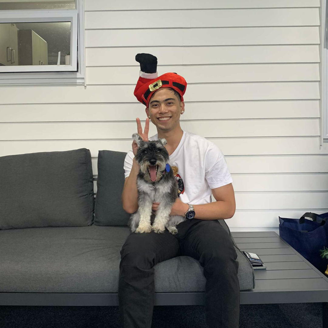 Earl from Tradify wearing a santa hat and holding a dog