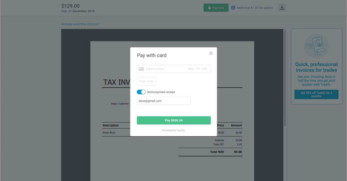 Tradify online credit card payments in web application