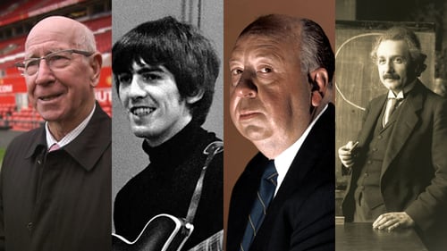 grid photos of Sir Bobby Charlton, George Harrison, Sir Alfred Hitchcock, Albert Einstein