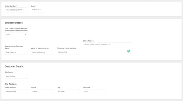 Entering in the basic details of a SWMS form on Tradify.