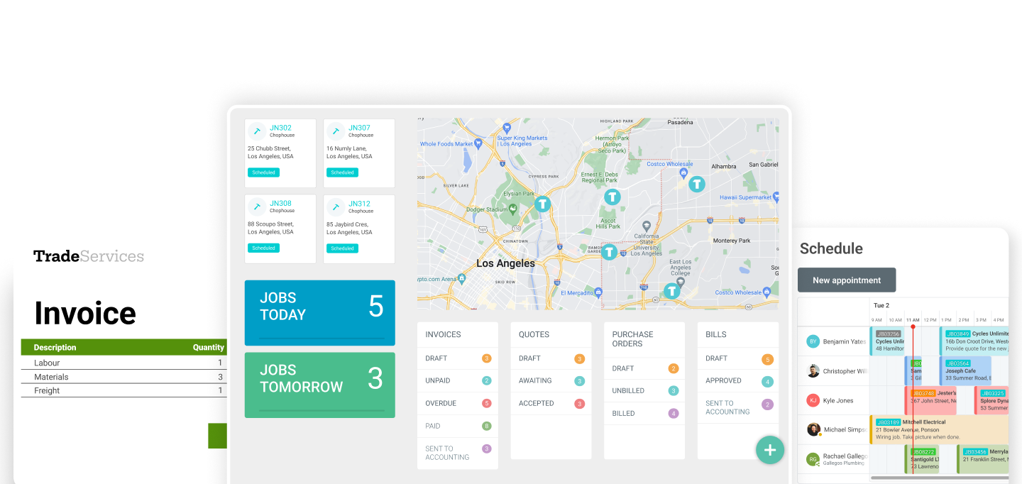 Tradify dashboard shown on mobile device 