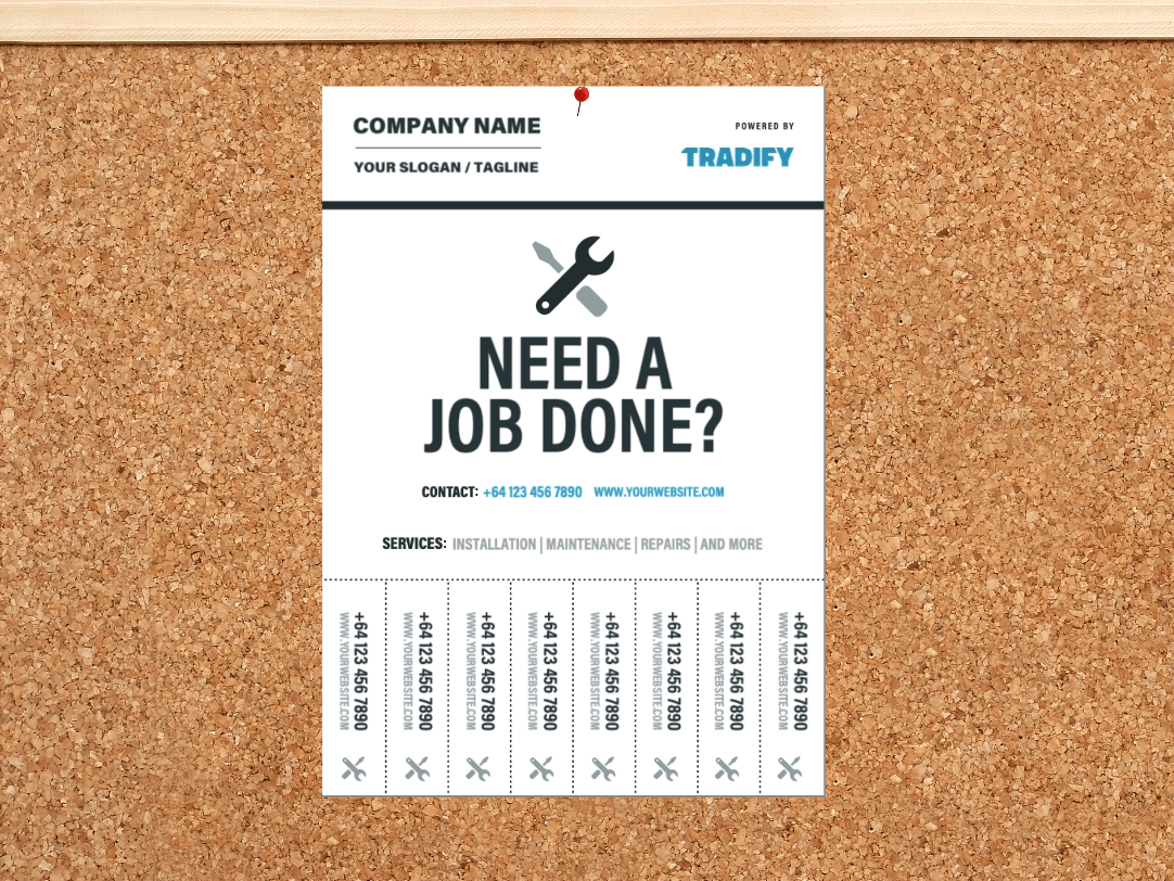 Tearaway contractor flyer shown on a cork board