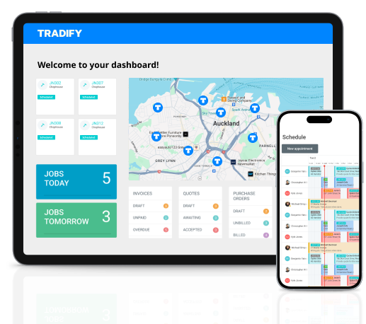 Tradify dashboard with map of Auckland NZ