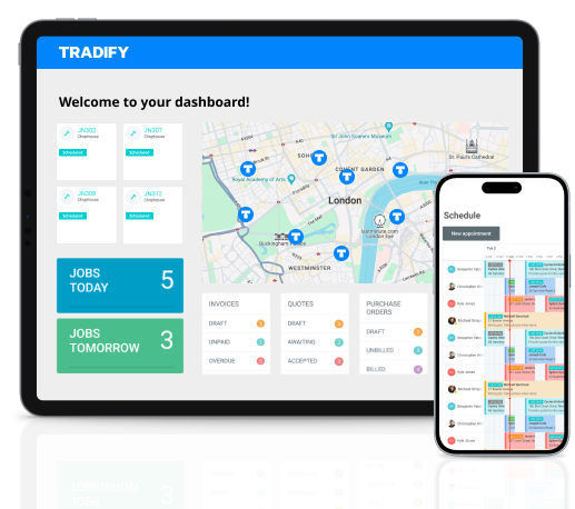 Tradify dashboard with map of London England