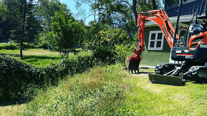 landscaping orange and black kubota digger on grass