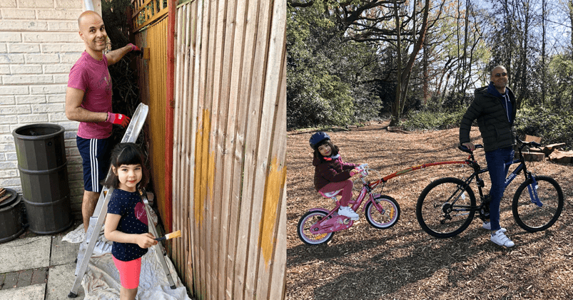 Two photos of Ralf spending time with his daughter, on the left they paint a fence and on the right they go for a bike ride together